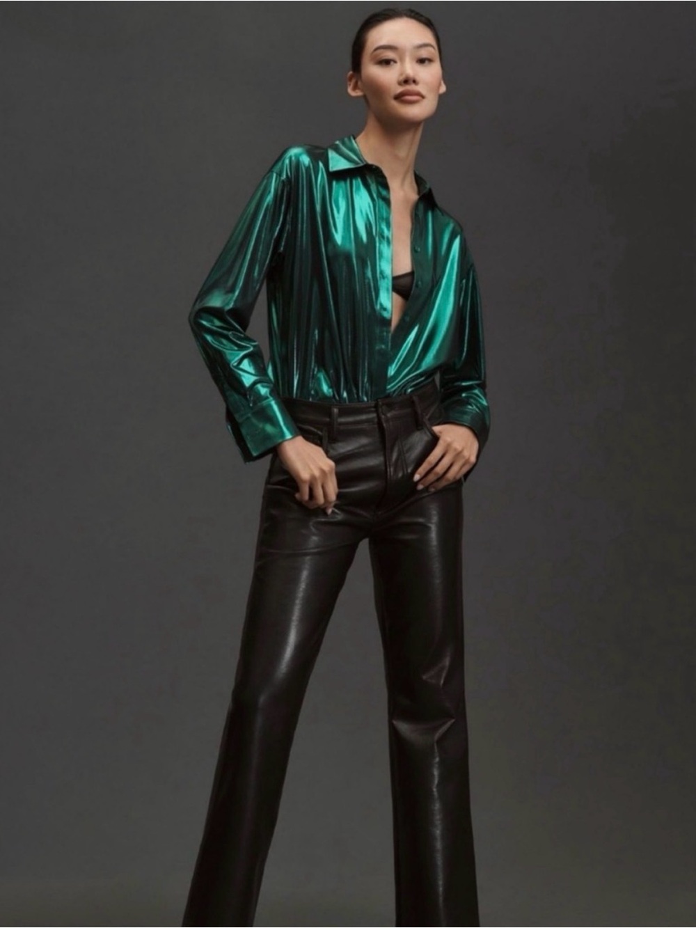 Anthropologie Gillian Liquid Shine Buttondown Shirt Emerald Green Size S